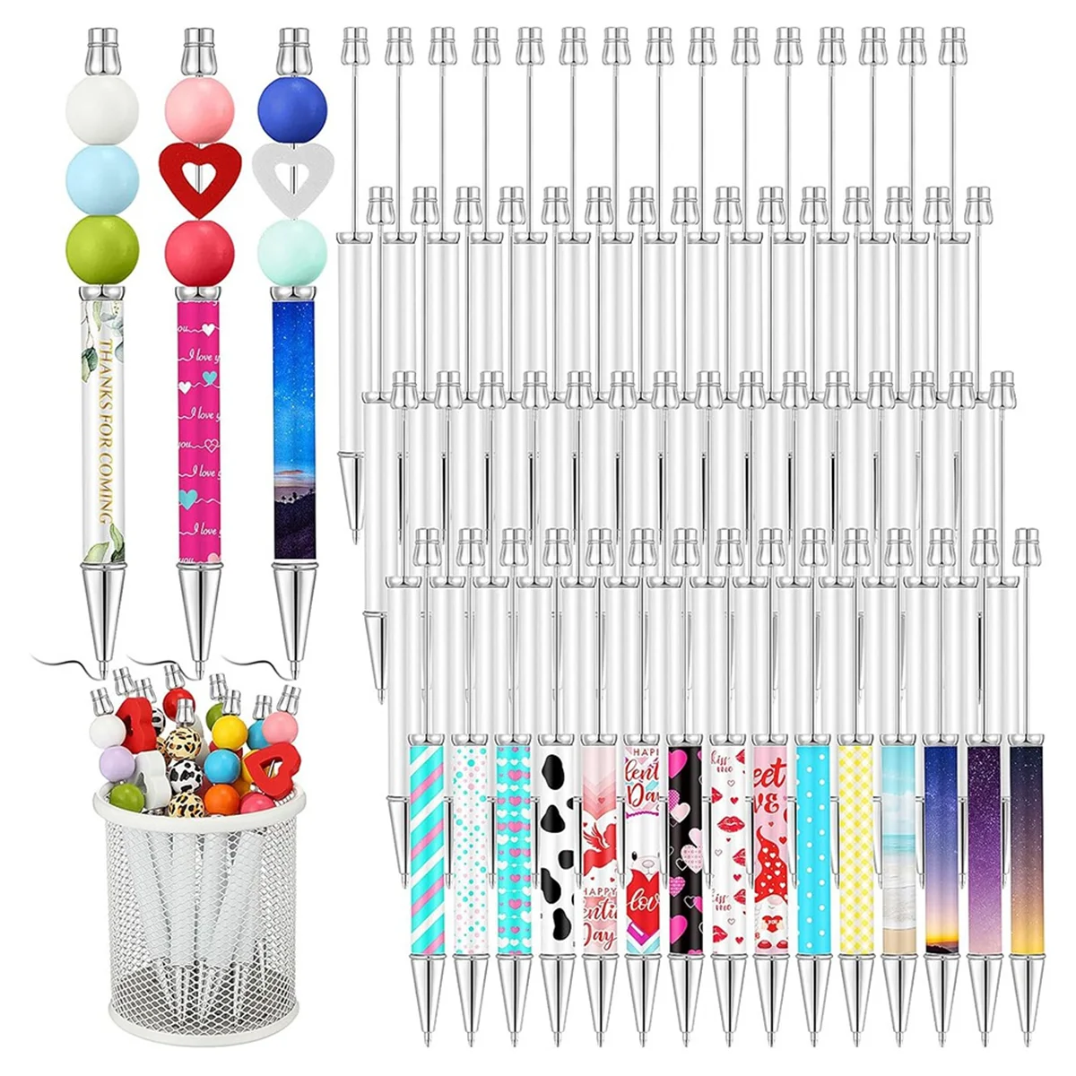 60pcs Sublimation Beaded Ballpoint Pens Metallic Black Ink Pens DIY Heat Transfer Ballpoint Pens School Supplies