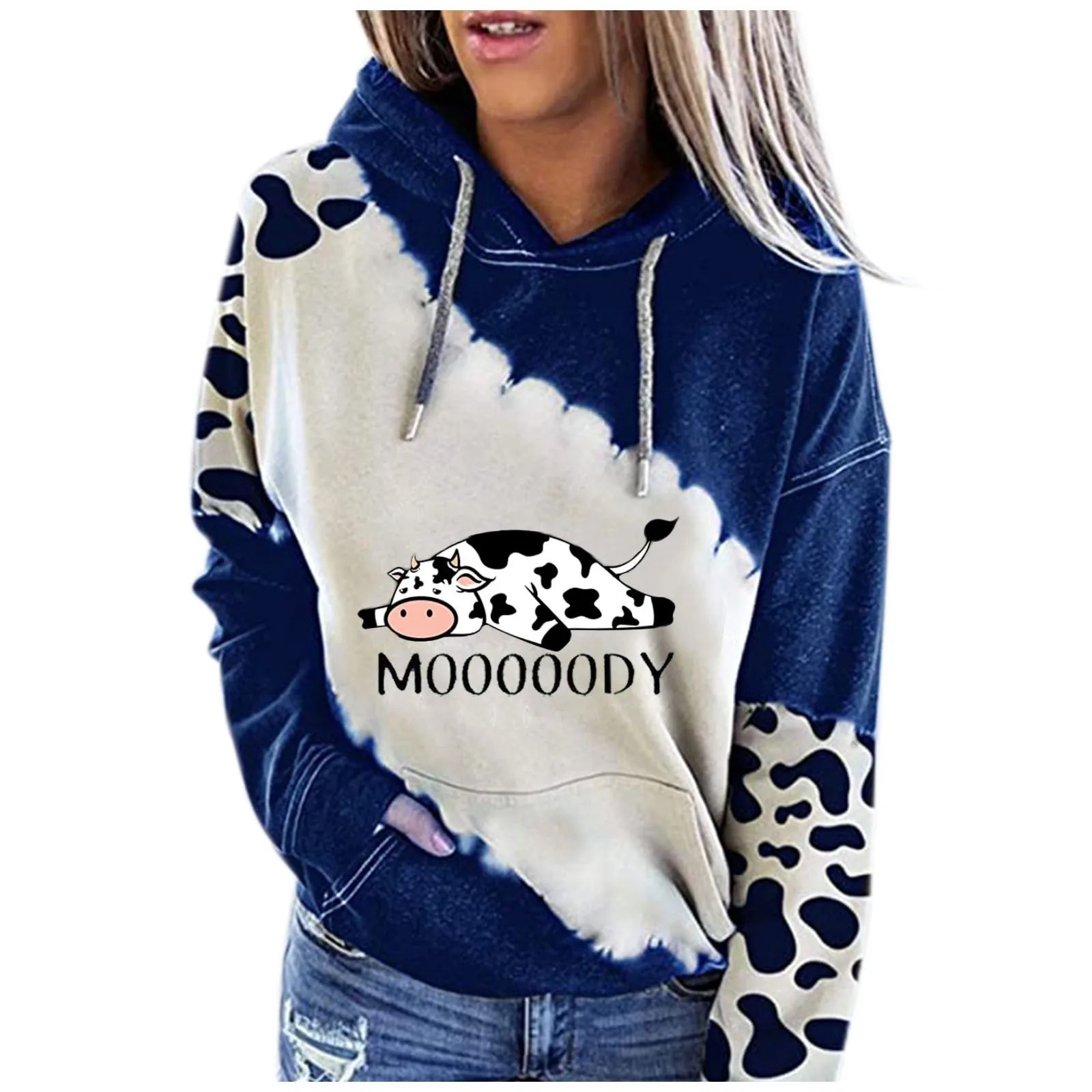 Women\'s Cute Cow Print Sweatshirt Long Sleeve Round Neck Casual Tops Shirts