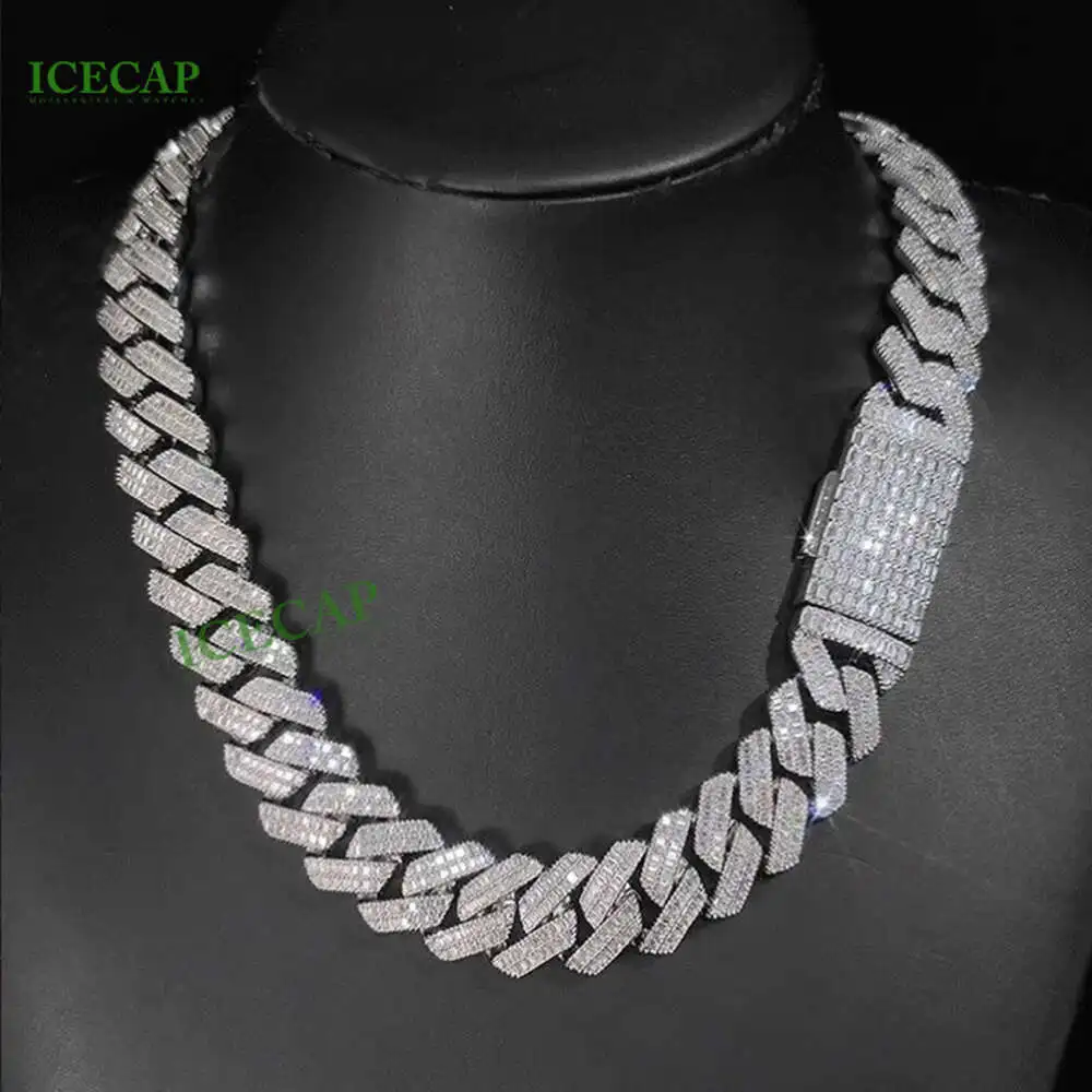 

Customization Cuban Chain 925 Sterling Silver Vvs Moissanite Baguette Miami Hiphop Cuban Link Chain Necklace