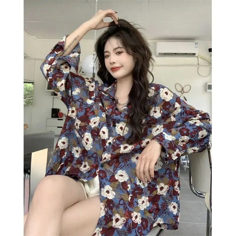 Autumn Floral Shirt For Women Blouses Casual Vintage Long Sleeve Loose Fit Chic Floral Blouse Single-Breasted Ladies Blusas