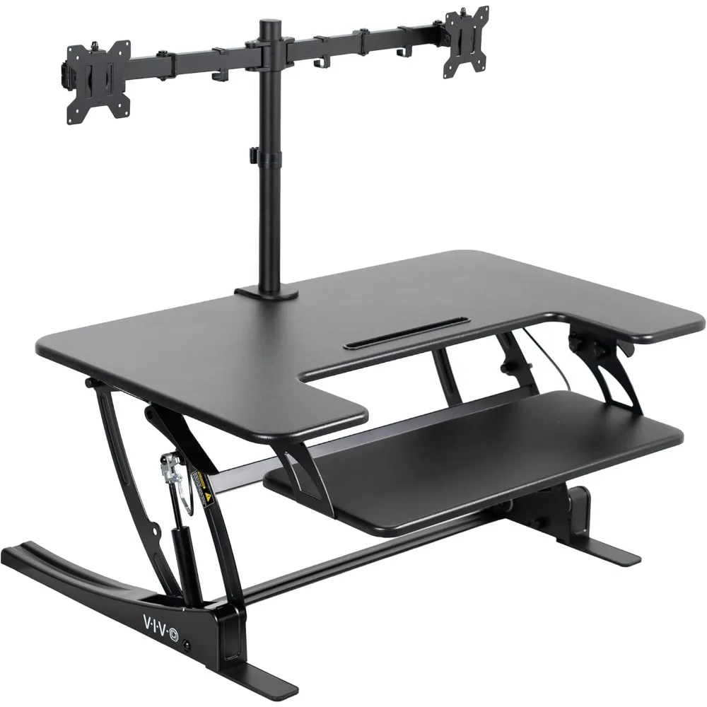 

36 inch Standing Desk Converter with Dual Monitor Mount Arms for up to 30 inch Screens, Height Adjustable Desk Riser, Black, DE