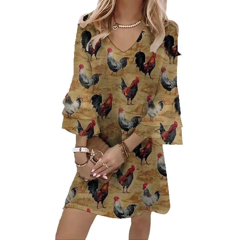 

Jumeast Rooster 3D Printed Women Casual Flared Sleeve V-Neck Dress Vintage Pattern Elegant Brahman Skirt Tropical Style Clothing