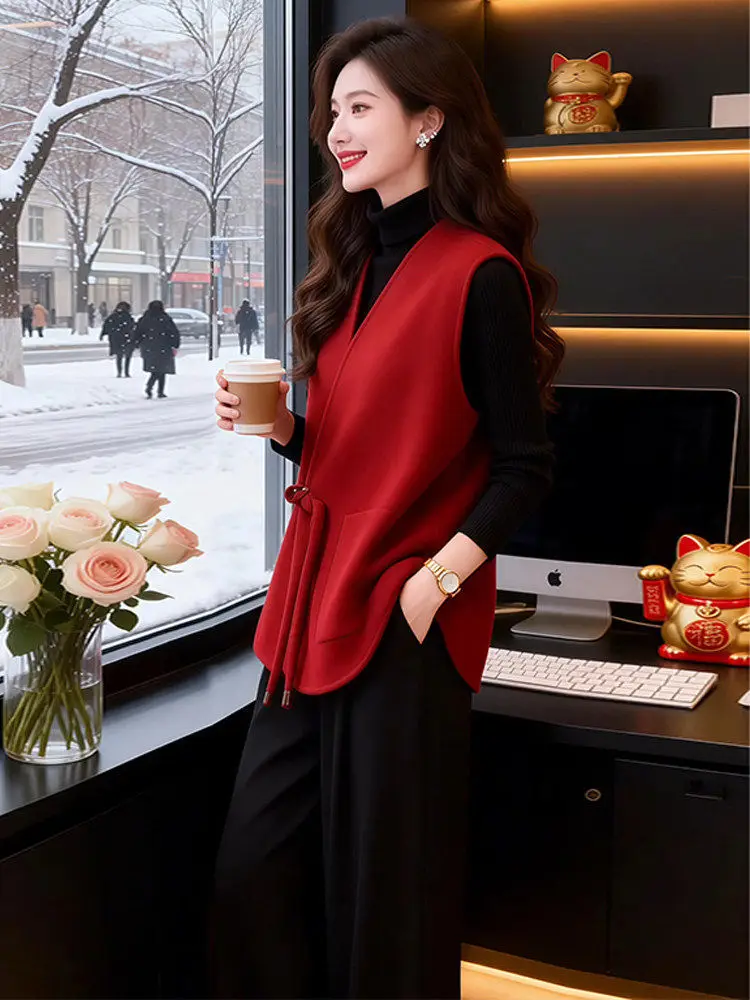 레드 차이니즈 슬레 스벨 베스트 여성용 패션 데일리 스트레이트 컷 겨울 아우터웨어 V넥 버튼 노 스벨 새해