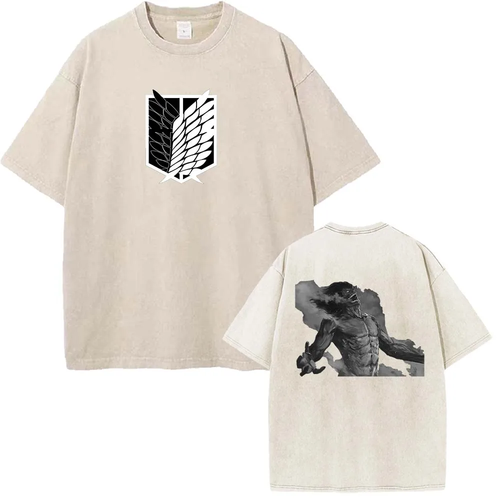 Shingeki No Kyojin Print T Shirt Anime Attack On Titan Clothing Men Women Vintage Washed Tshirts Cotton Tee Harajuku T-shirt