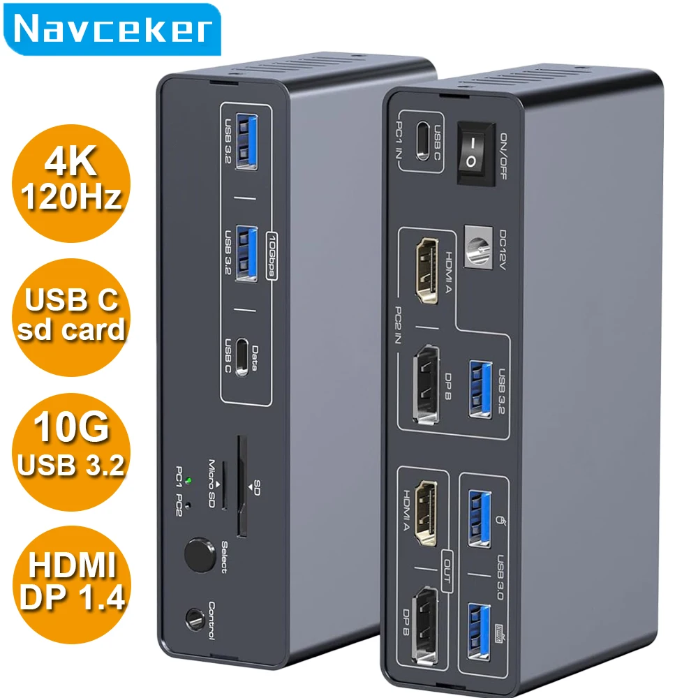 Navceker 10Gbps USB 3.2 USB C Displayport KVM Switch 4K 60Hz Type C HDMI KVM Switch 1 Laptop 1 Destop 2 Monitor for Macbook 2 PC