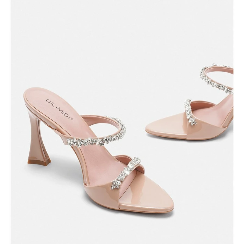 

Pointed open-toed stiletto sandals summer rhinestone cool slippers nude high heels women