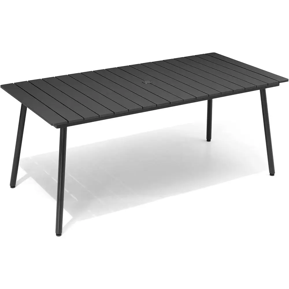 Outdoor Dining Table 70 Inch Rectangular Patio Table with Wood Like Top Aluminum Frame Umbrella Hole Waterproof Easy Assembly