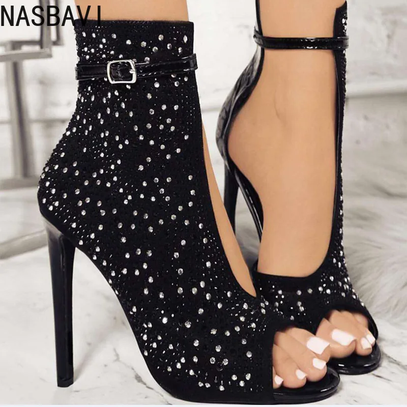 

NASBAVI Summer New High Heel Slim Heel Rhinestone European and American Fashion Sexy Elegant Large Size Fish Mouth Sandals