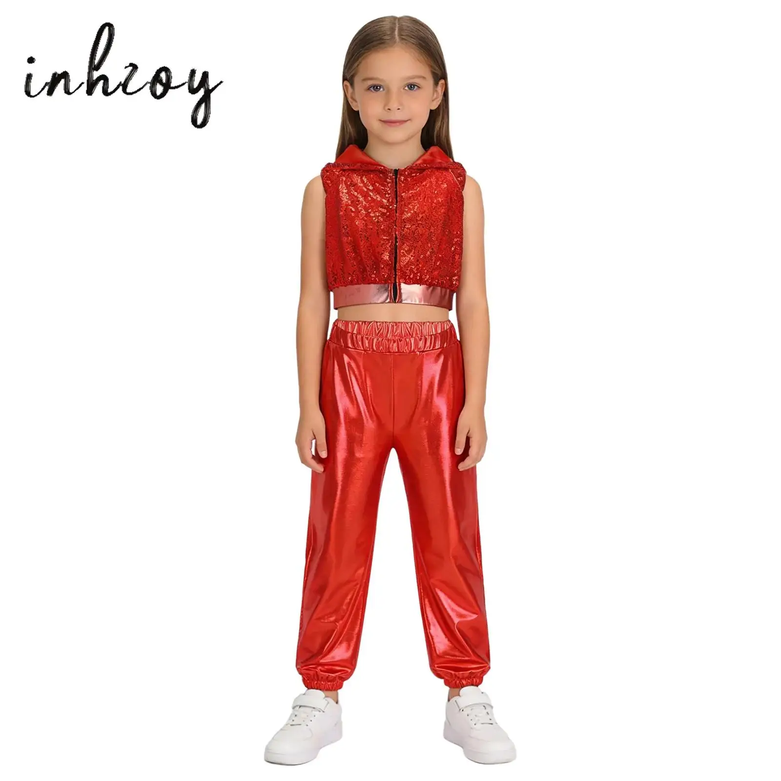 

Детский комплект из 2 предметов для девочек в стиле хип-хоп, джазовый танцевальный наряд, без рукавов, с открытой спиной, на молнии, укороченный топ с капюшоном и блестками, комплект брюк металлик