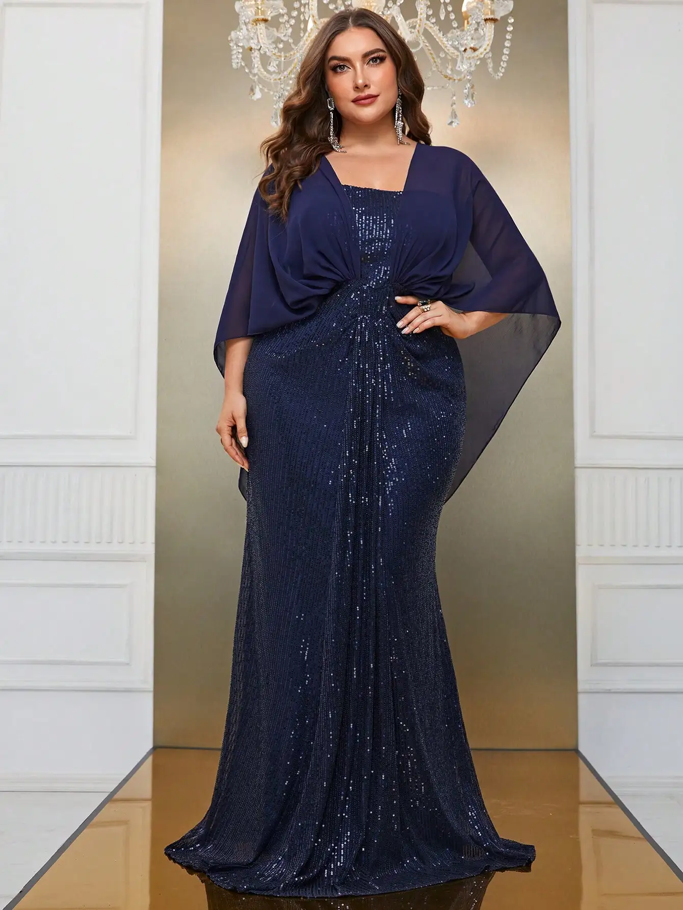 Plus Size Chiffon Shawl Elegant Sparkling Evening Dress 5XL 6XL Big Size Extra Long Banquet Party Cape Sequin Dress for Women