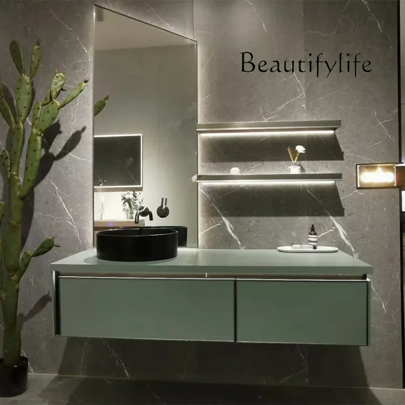 

C40 Зеленый шкаф для ванной комнаты Комбинированный итальянский простой интеллектуальный стол из массива дерева из каменной плиты Стол для умывальника