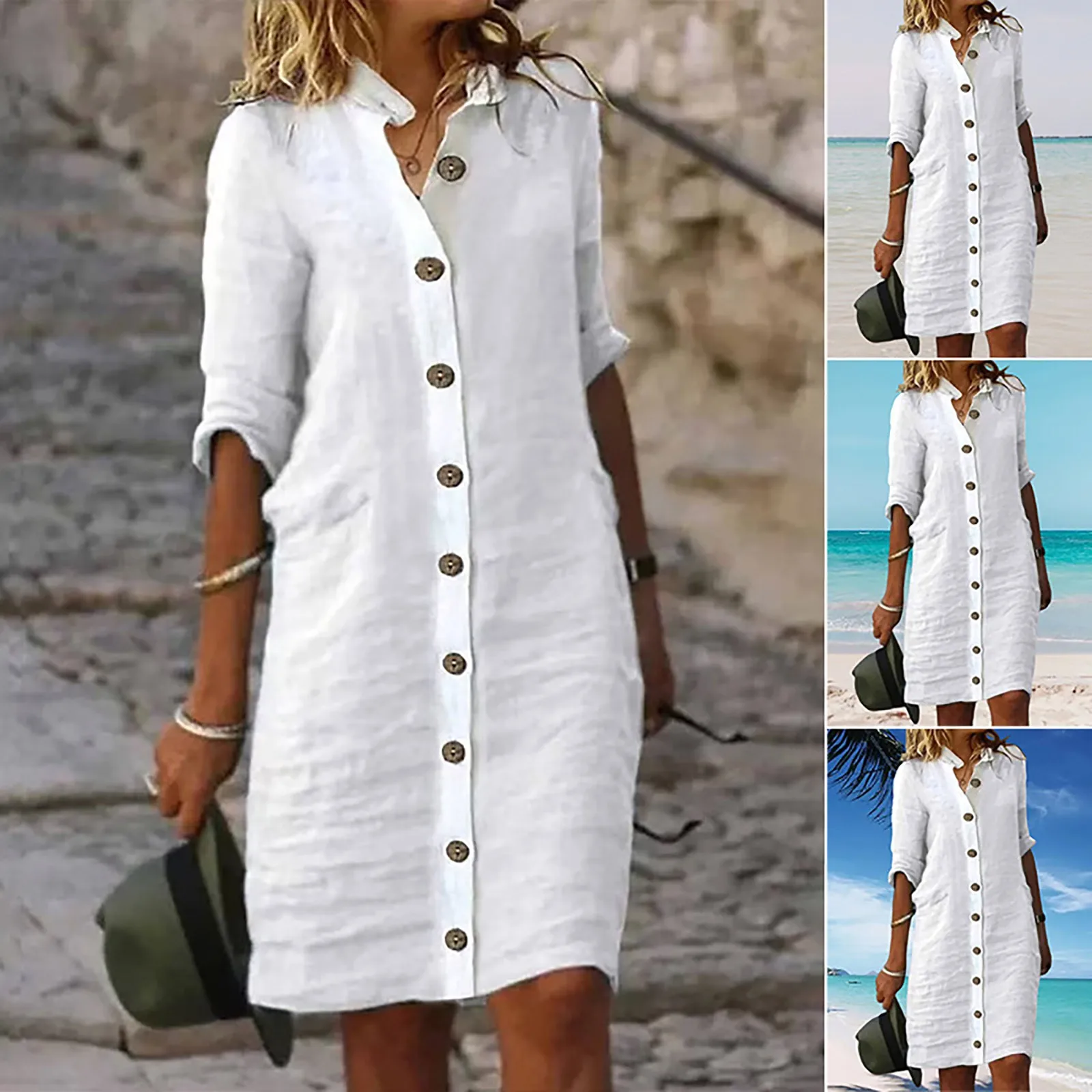 Vestido camisero de lino y algodón para mujer, minivestido informal de media manga con botones, elegante, holgado, para fiesta en la playa, Verano