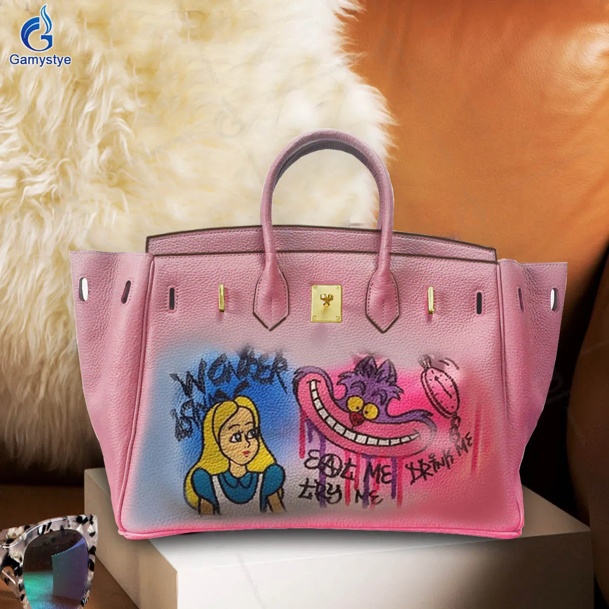 

Hand Draw Customize Art Funny little animals and beautiful women Bags Designer Totes Women purses and handbags Genuine Leather