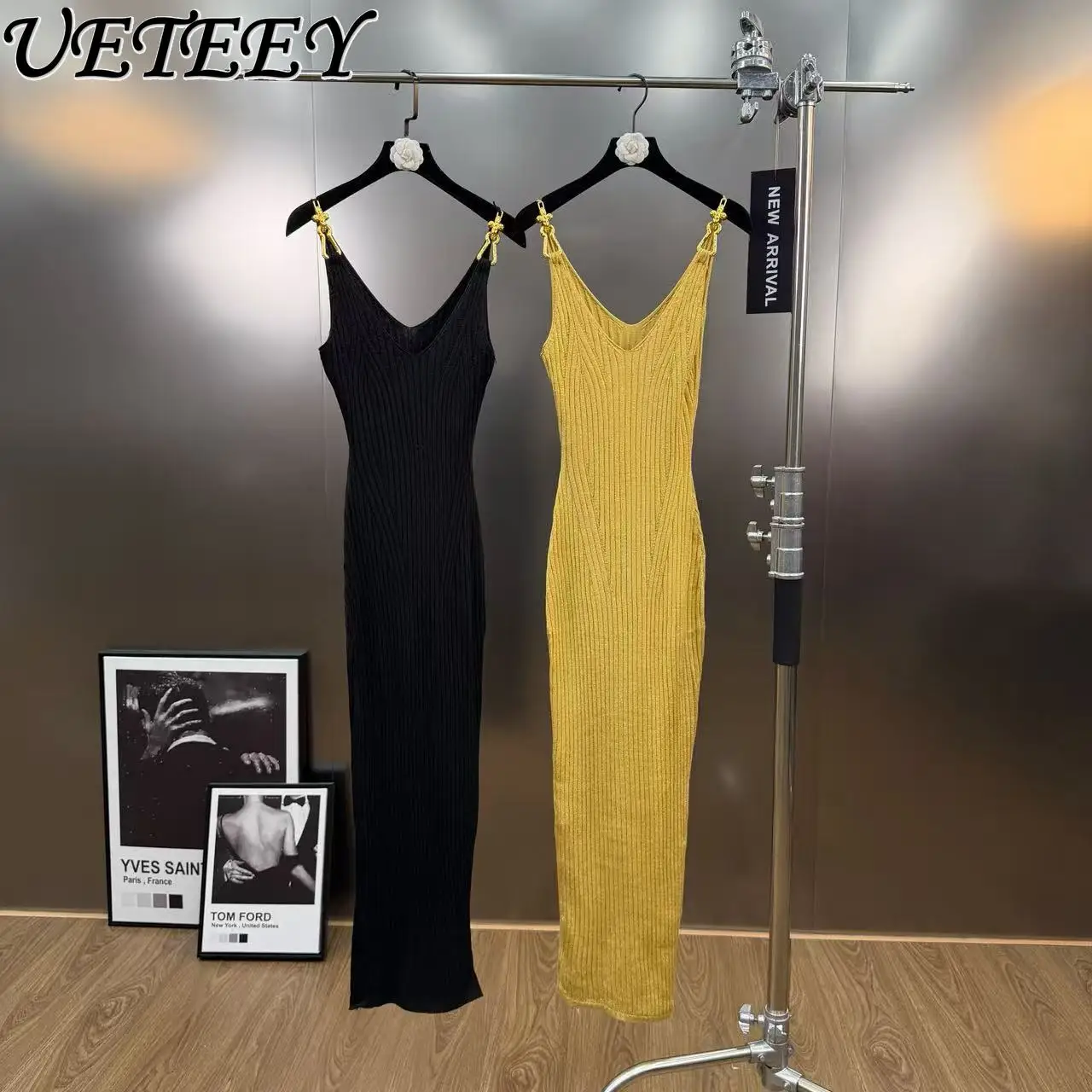 

Autumn New Knitted Slim Fit Camisole Maxi Dress for Women V-neck Bodycon Sexy Slimming Elegant Sleeveless Long Dresses