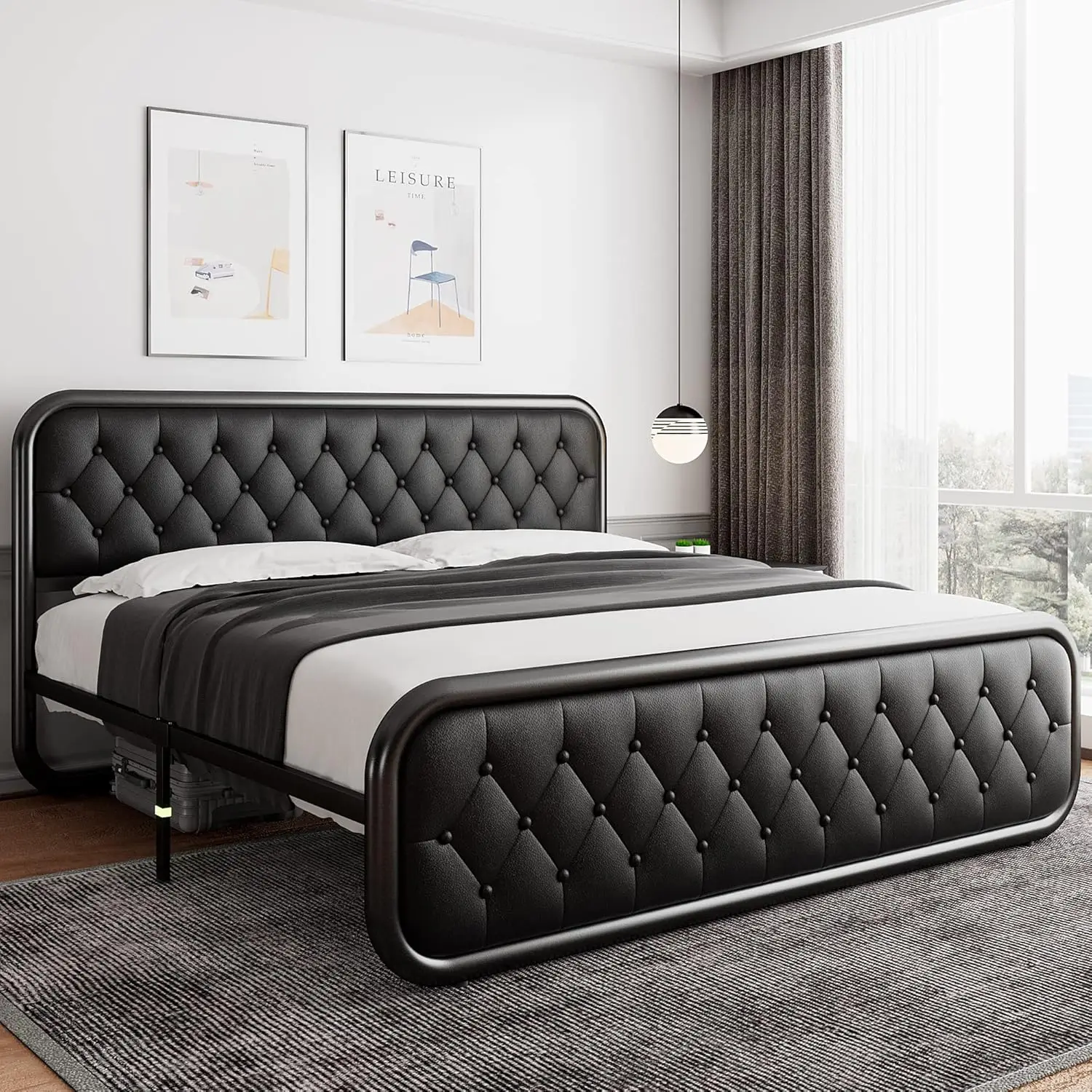 

King Size Metal Bed Frame with Leather Headboard, Heavy-Duty Platform Bed Frame, Thicker Metal Steel Slats Support