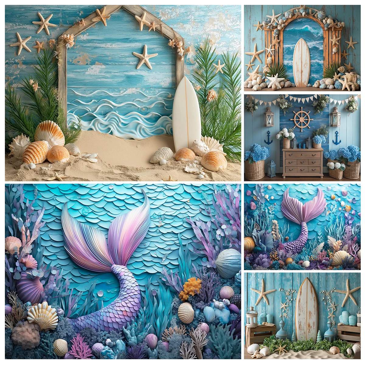 

Летний пляж Русалка фоны дети реквизит для фотосессии подводный пляж морская звезда морская тема торт на день рождения Smash фоны