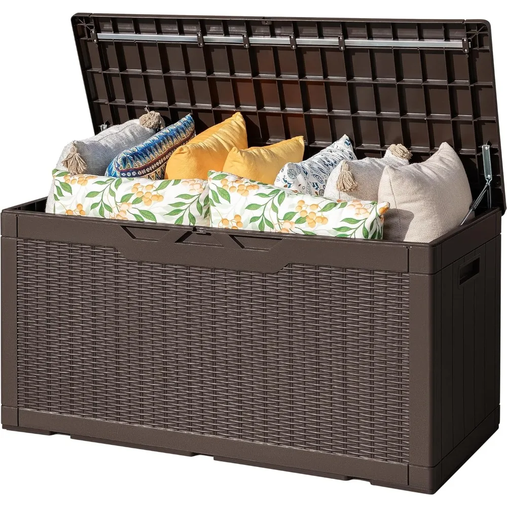 

Outdoor Storage Box 100 Gallon Waterproof Resin Deck Box Delivery with Air Rod Indoor Outdoor Lockable Storage Bench