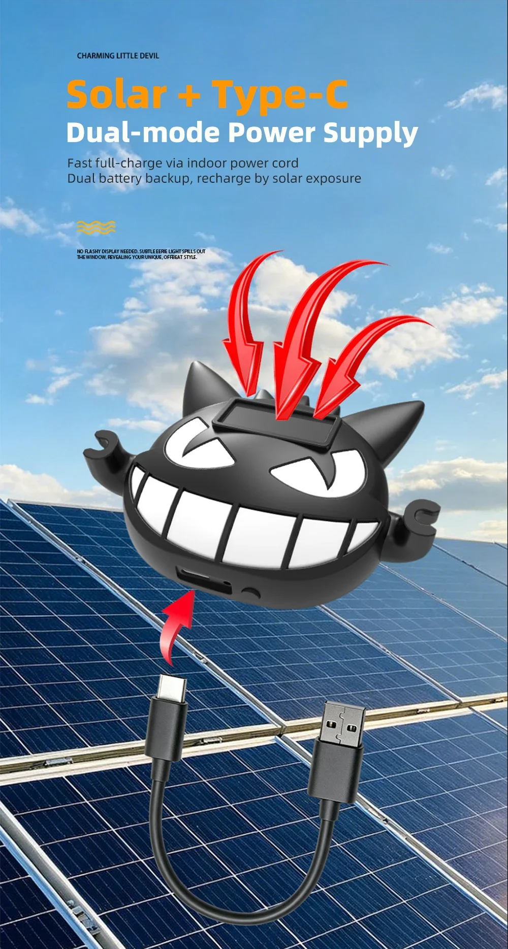 Auto-Teufelsgesicht LED-Ambientelicht Solar Typ-C Heckscheiben-Warnleuchte Universelle Auto-HD-Außen-Dekorationsleuchte – Detail 3