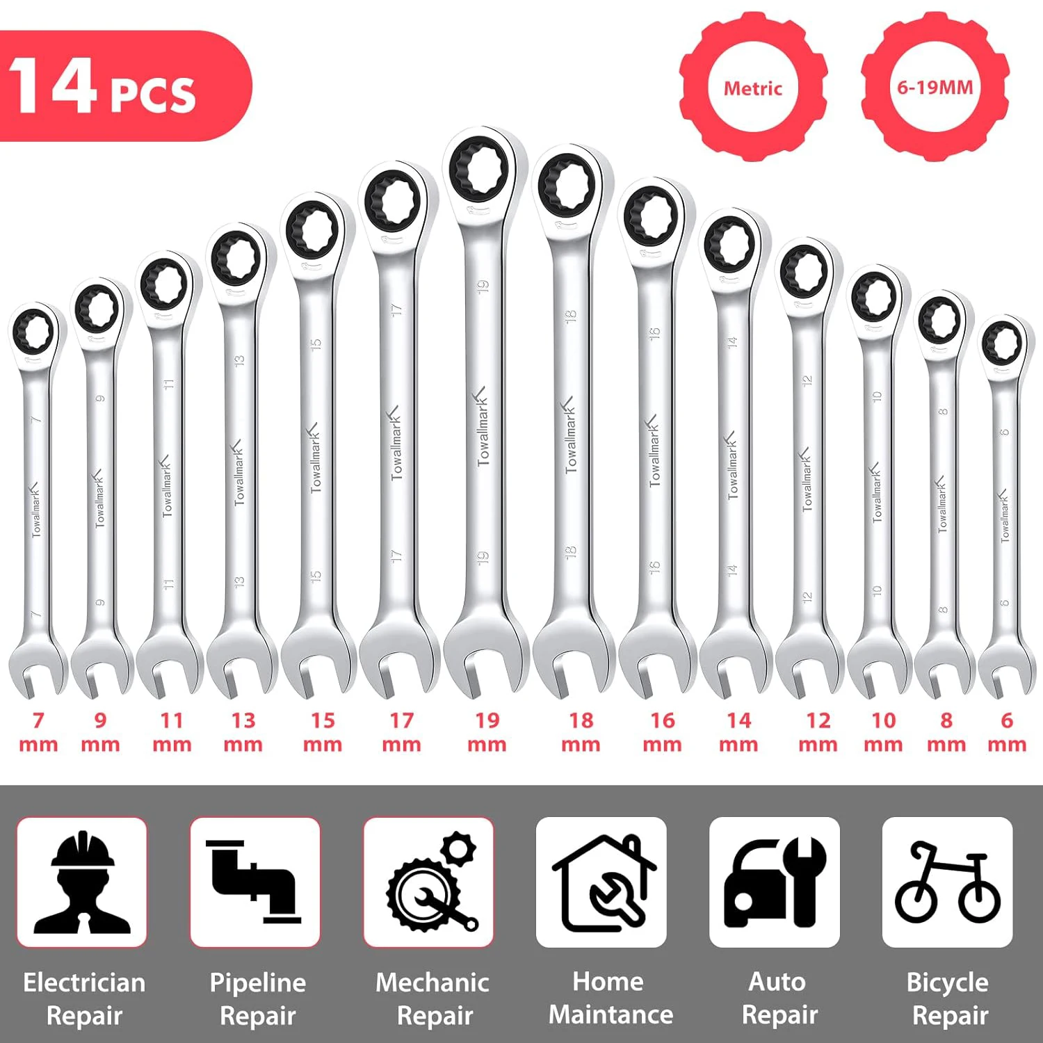 14-Piece Wrench Set, Ratcheting Wrench Set, Metric 6-19mm, Chrome Vanadium Steel Fixed Head Ratcheting Combination Wrenchs