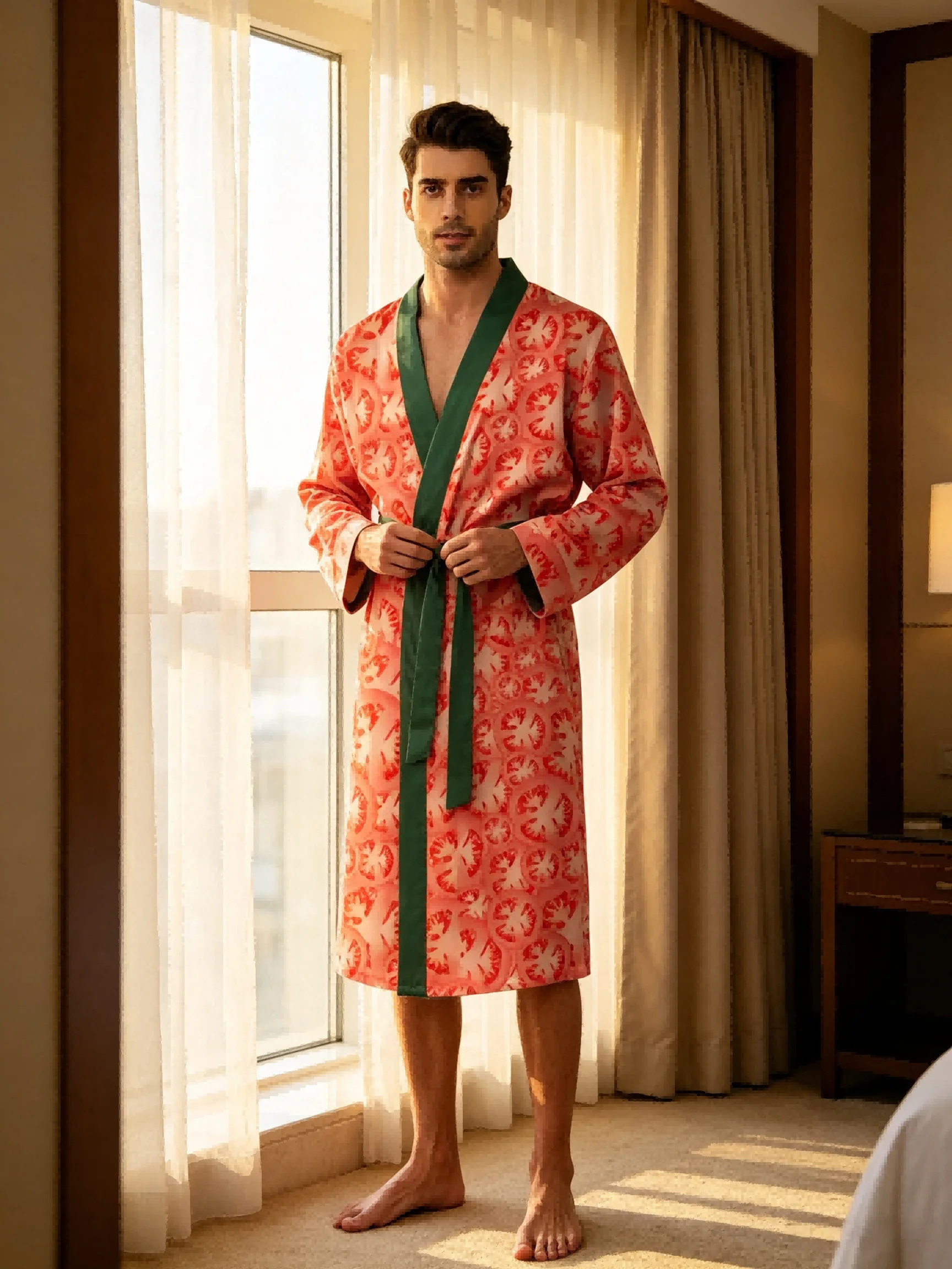 Men's lightweight quick-drying pajama bathrobe - 3D digital printing, non-fading design, stand-up collar and adjustable waistban