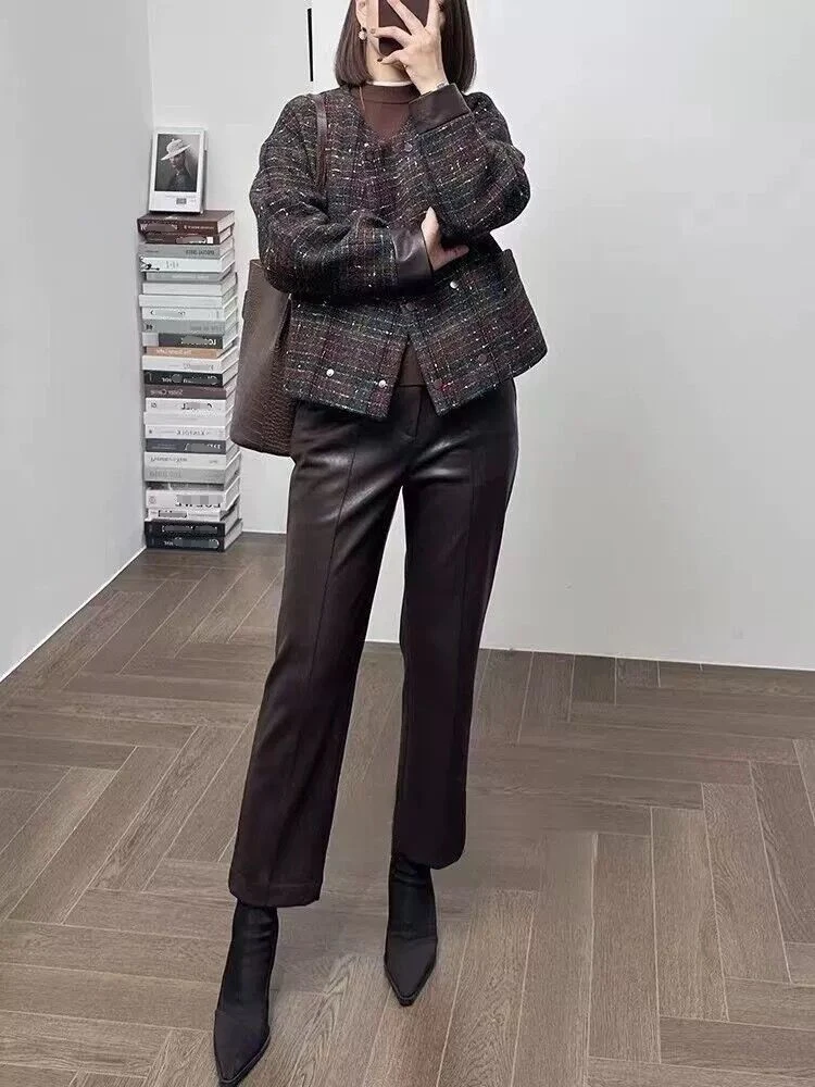 

Ladies High Waist Straight Leg Leather Pants Anti-Wrinkle Comfortable Slimming Commute Sle Autumn Winter Must-Have Nine-Piece