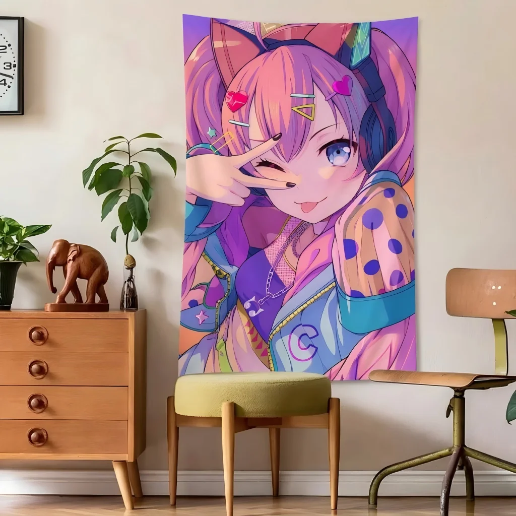 Y2K Pastel Kawaii Anime Girl Tapestry Pink Twin Tail Cat Ear Headphone Neon Print Wall Hanging Teen Girls Dorm Bedroom Decor Gif