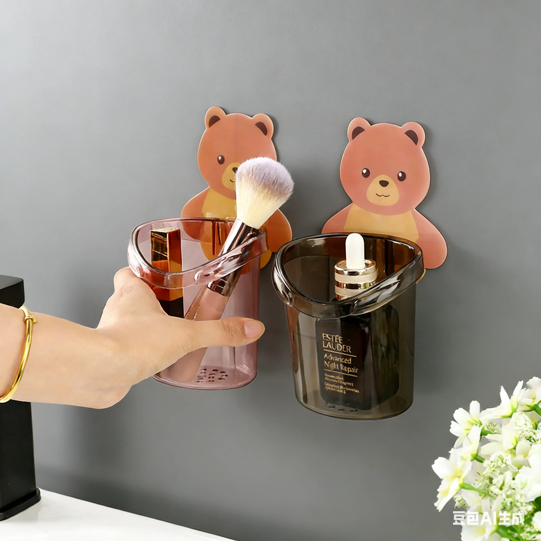 2pcsDrill-Free Installation,Cute Bear Design, with Toothbrush Holder, Mouthwash Cup & Toothpaste Organizer, Durable