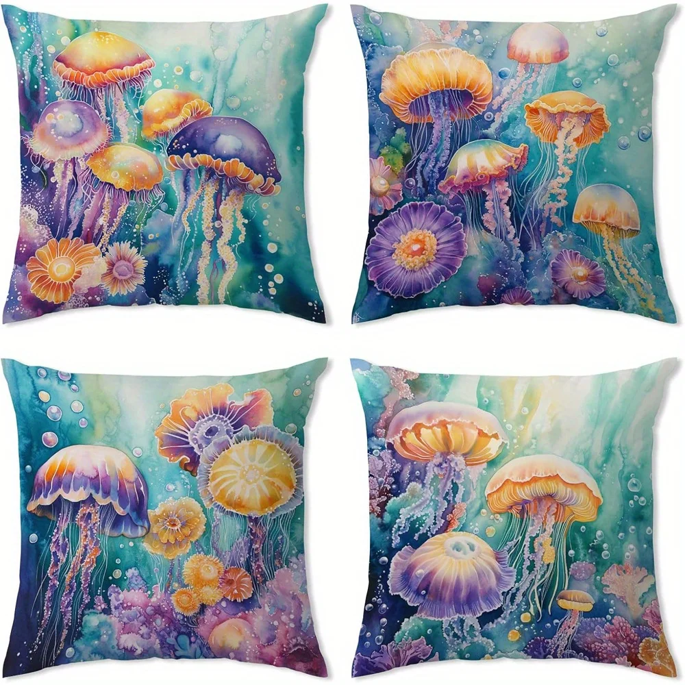 Home Decor Colorful Jellyfish Underwater Ocean Pillow Covers Pattern Cushion Cover Suitable for Sofa Bedroom Car Pillow Cover
