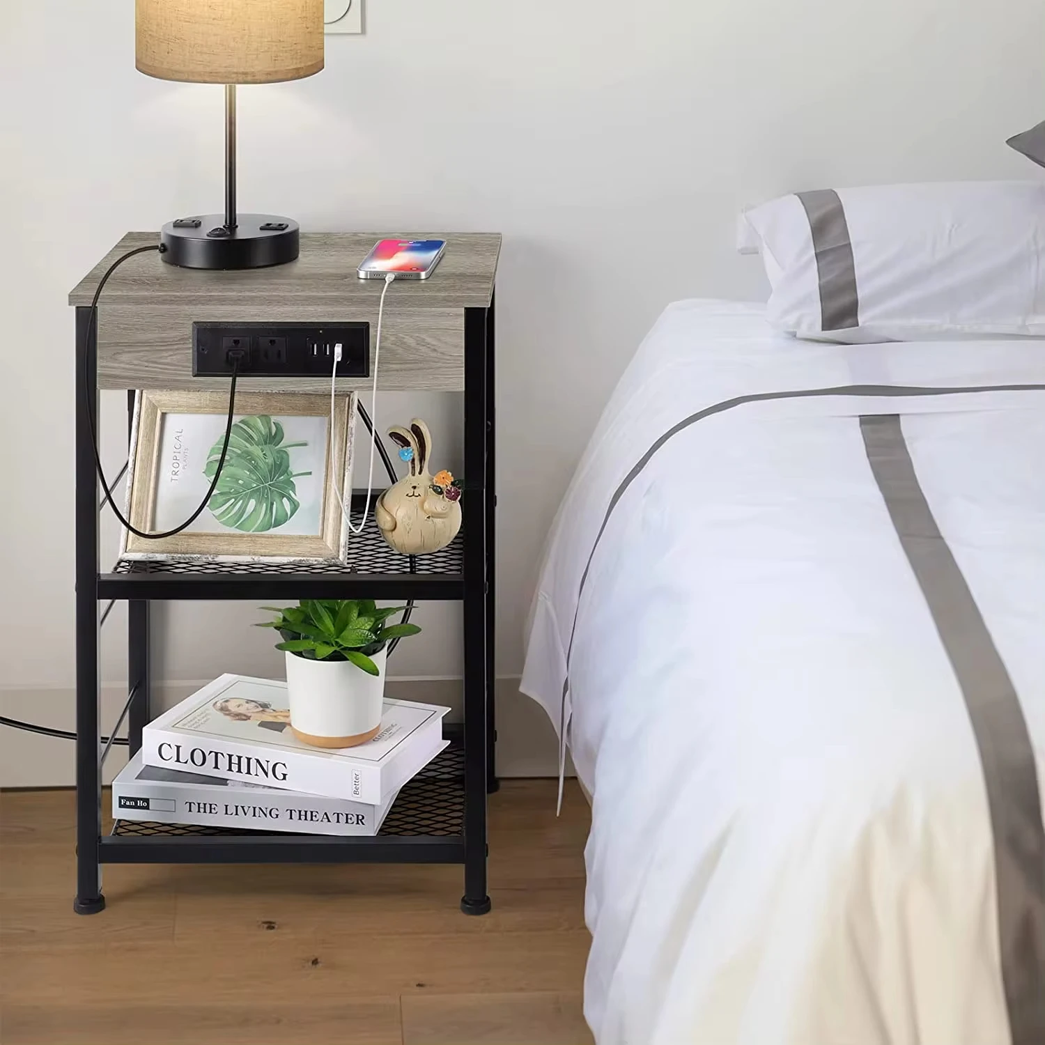 

Nightstand with Charging Station Bedroom End Table with USB Ports and Power Outlets 3-Tier Small Side Table with Outlet