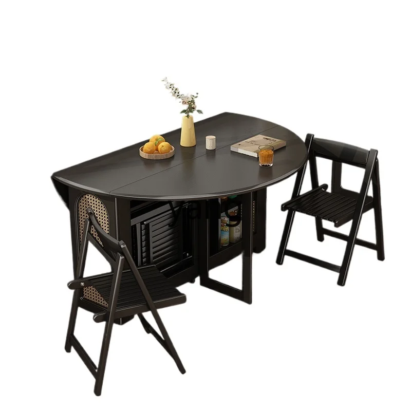 LTT retractable round dining table and chairs new high-end atmospheric light luxury solid wood rock slab deformation folding