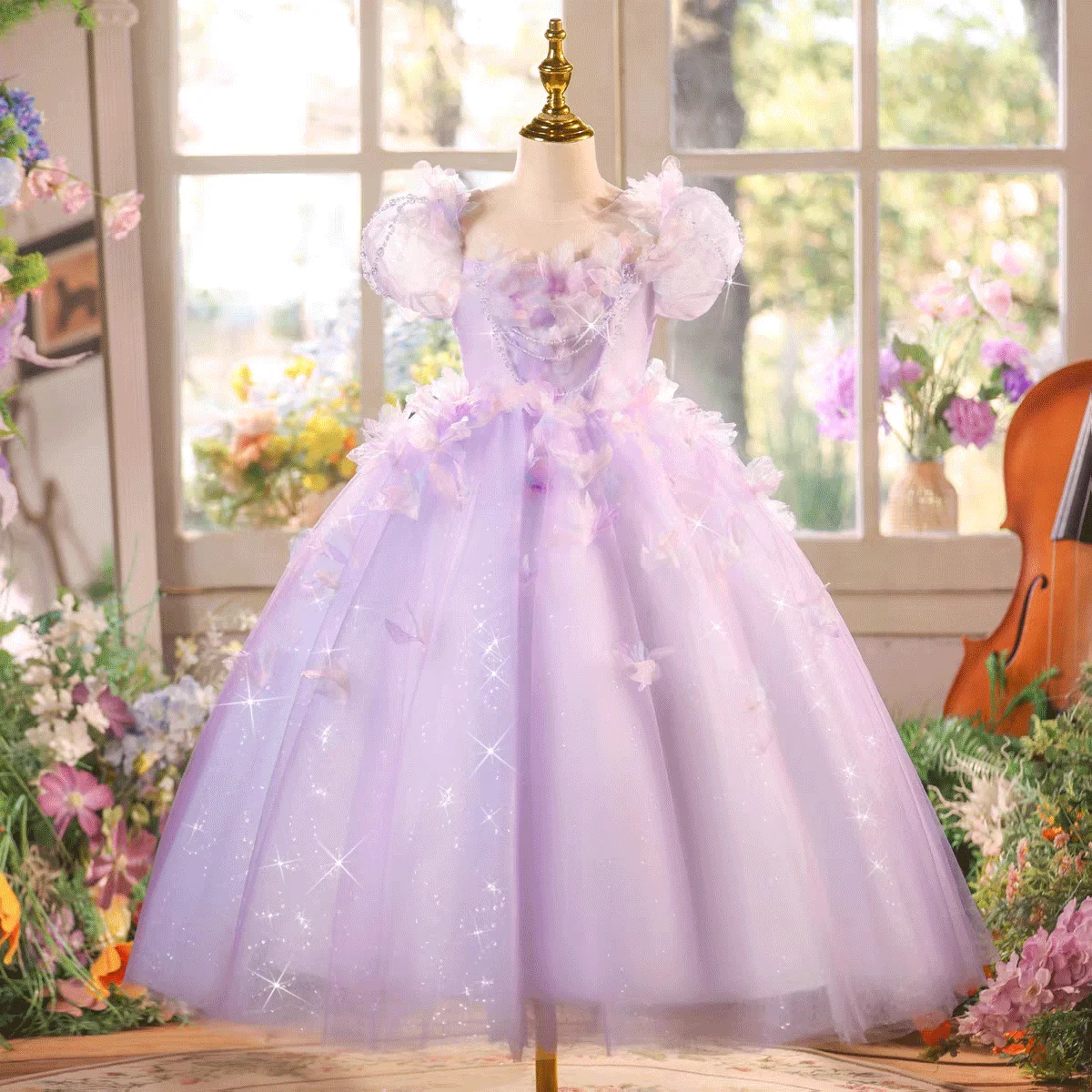 Jill Wish J612 Lavender Fairy Princess Dress for Girls Sparkly 3D Flower Ball Gown Kids Wedding Flower Girl Dress Puff Sleeve