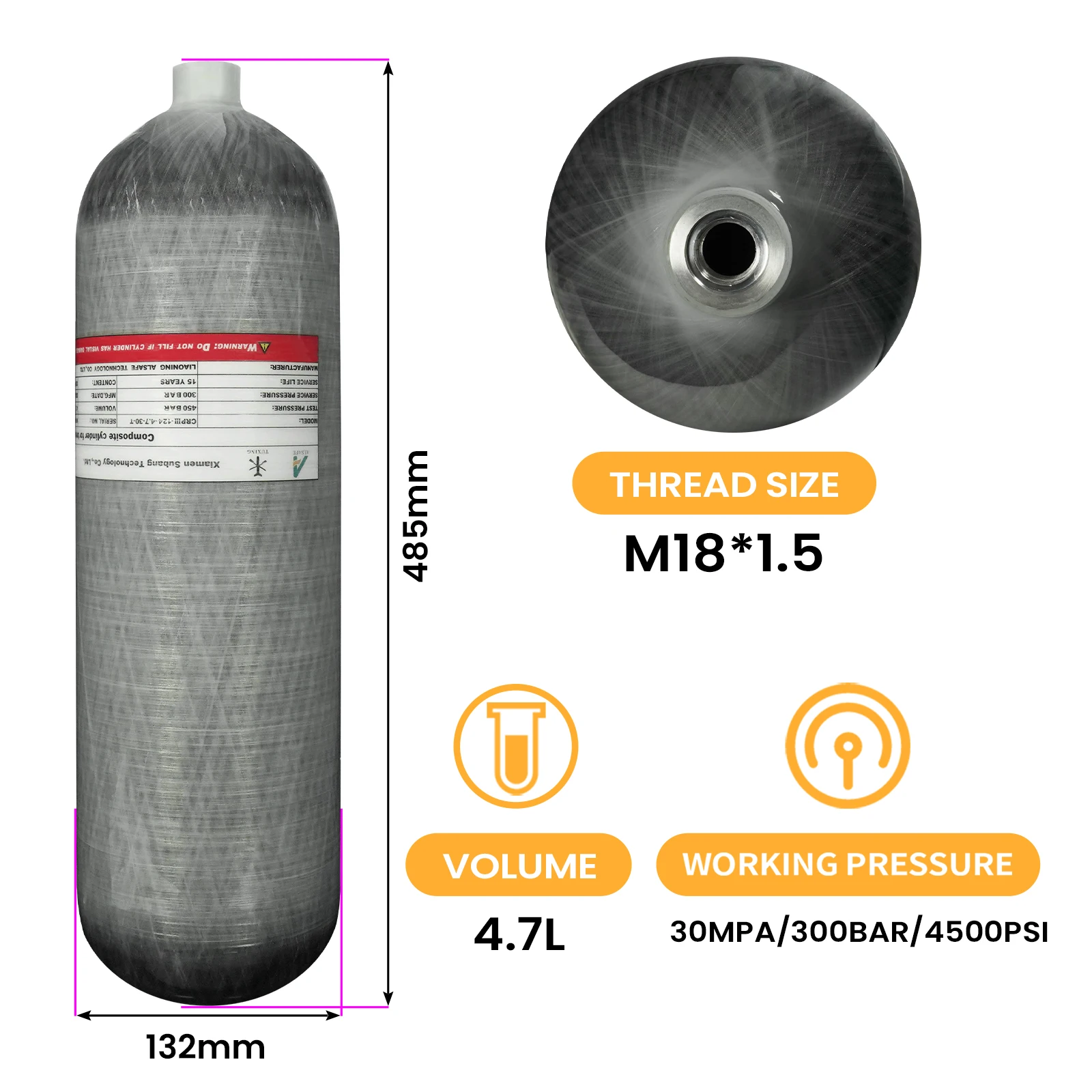 Imagem -02 - Tuxing-garrafa de Cilindro o 4500psi 4.7l Hpa 300bar Equipamento de Mergulho Snorkeling M18 x 15 de Alta Pressã