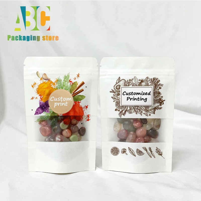 

Customized Printed White Kraft Paper with Window, Standing Zipper Bag for Tea, Candy, Wedding Parties Packaging Pouch