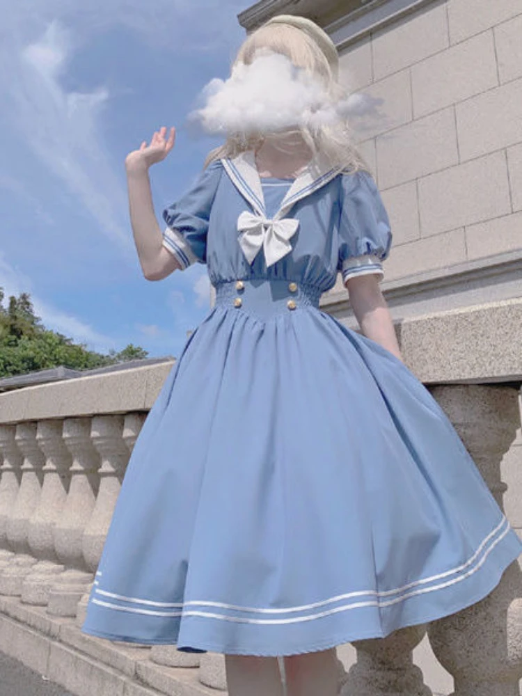 Fashion Japanese Sweet Lolita Style Women Dress 2024 Cute Bow Puff Sleeve Cosplay Patchwork Dresses Kawaii Girl Y2k Robe Vestido