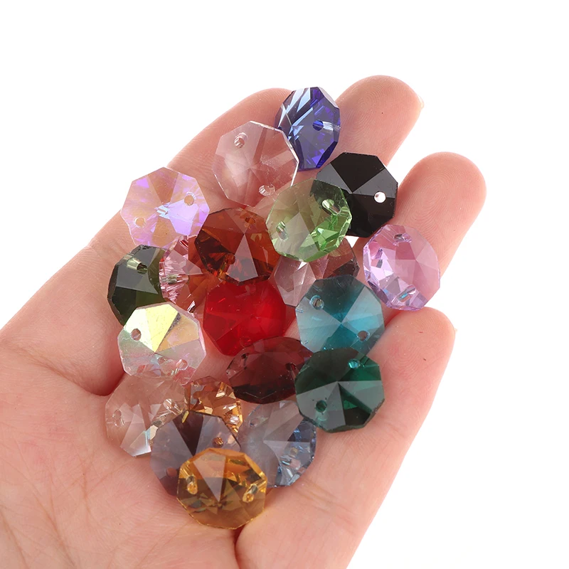 50Pcs 14MM 2 Holes Crystal Glass Octagonal Beads Prisms Curtain Chandelier Parts Pendant Glass Loose Bead DIY Jewelry Decor