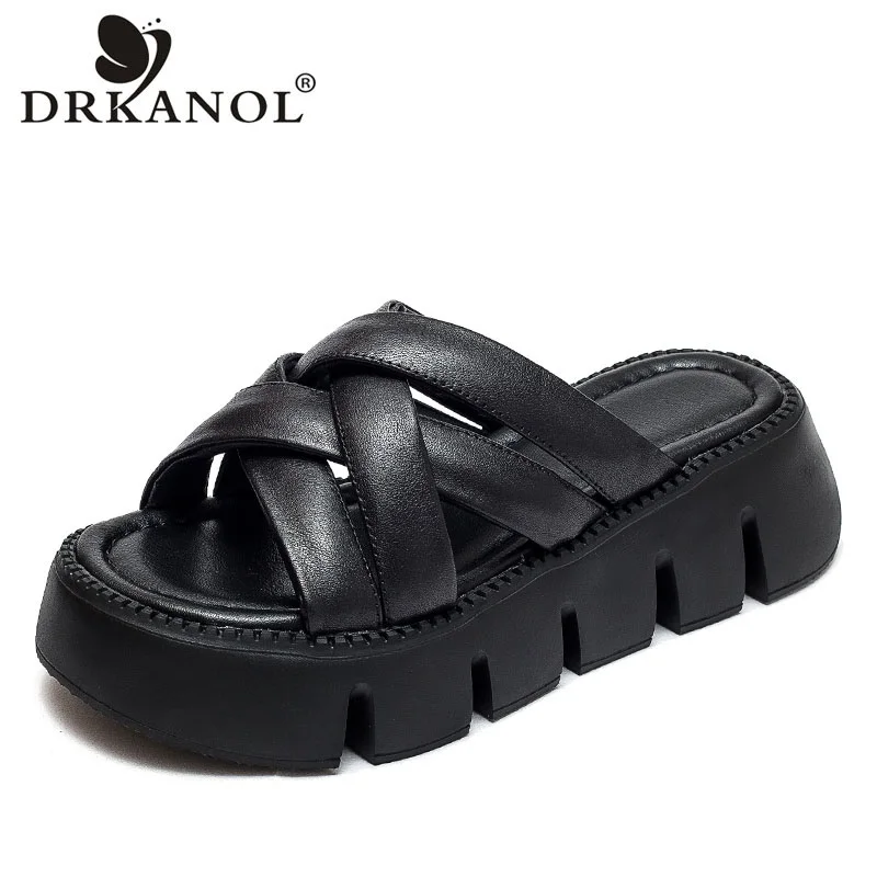 

DRKANOL Summer Women Slippers 2024 New Design Luxury Genuine Leather Cross Open Toe Platform Slippers Outside Wedges Slides