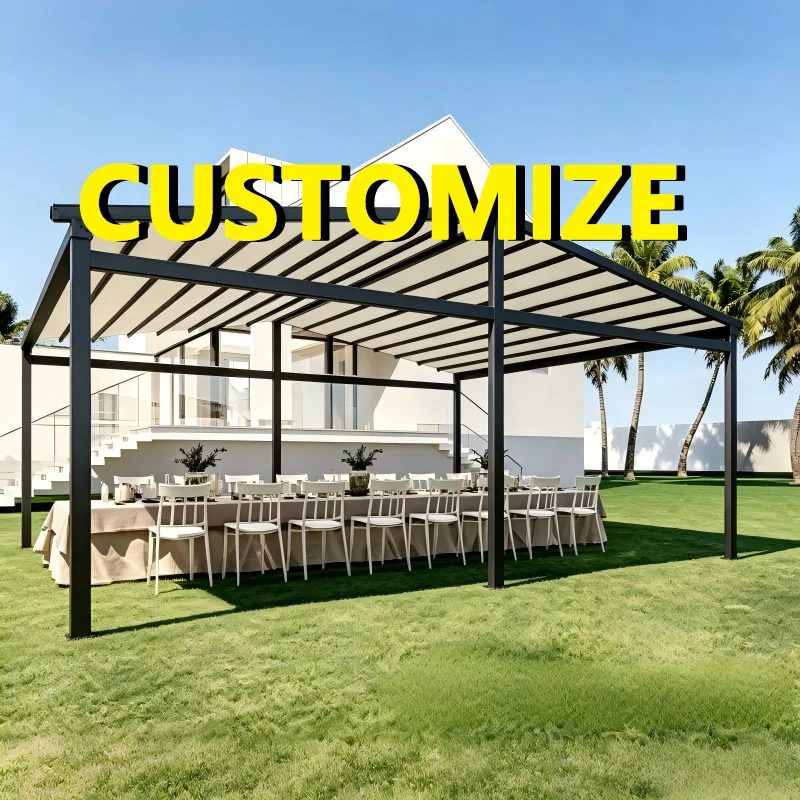 Any Size Custom Outdoor Column Supported Awning Retractable Aluminum Waterproof Windproof Patio Garden LED Sun Shade UV Resistan