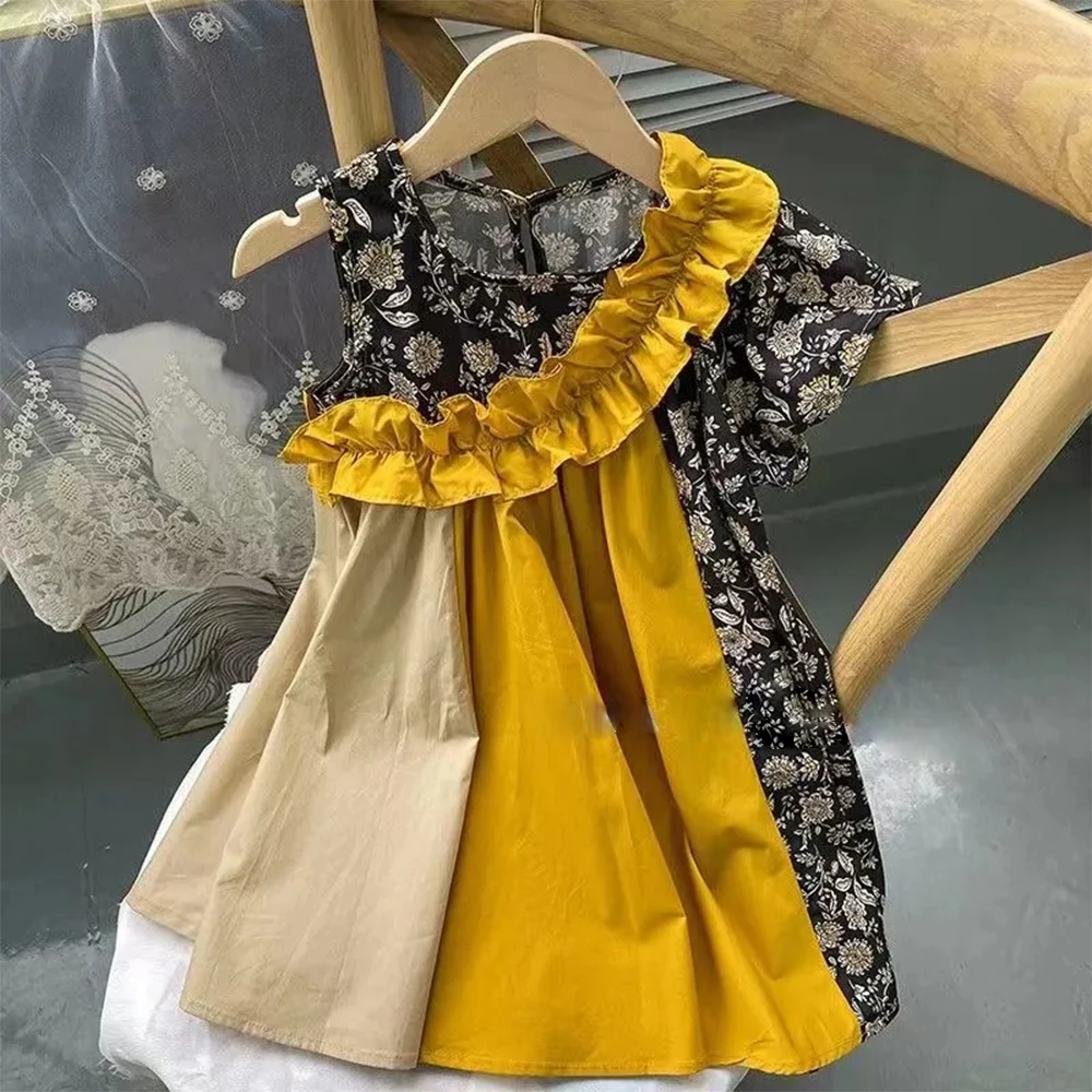 Korean Style Summer Vest Princess Dresses Girls Color-Matching Dress Fold Kids Clothes Floral Dress Baby Children\'s Clothing