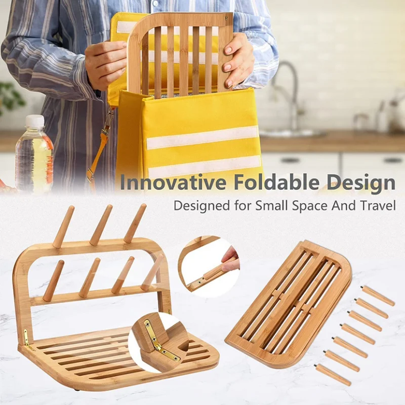 Portable bamboo baby bottle rack for cups, cup drying stand, foldable for space saving, bottle drying rack