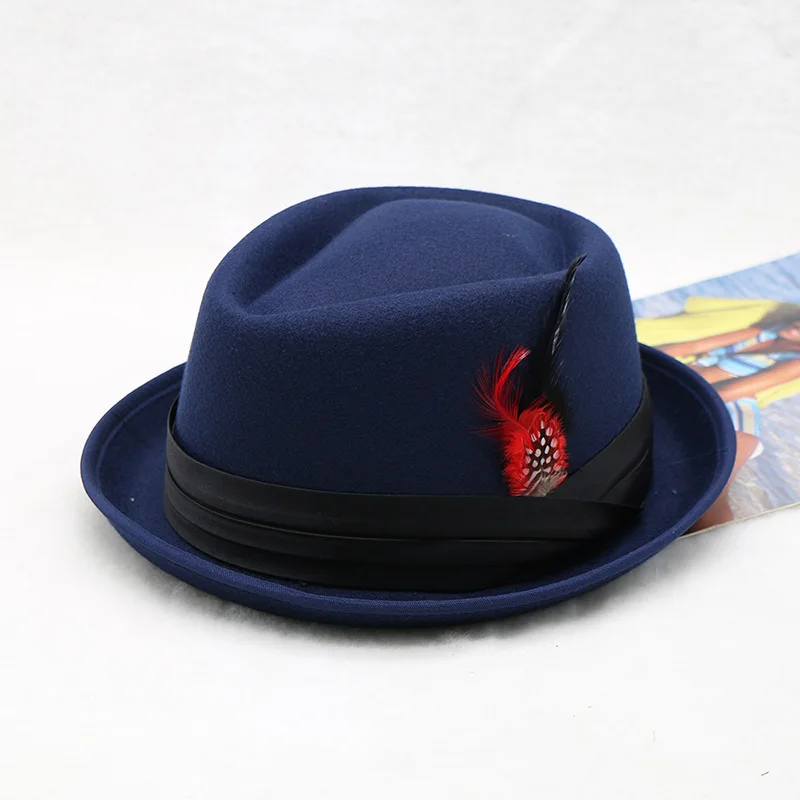 Hot Sale Men's And Women's Woolen Three Fold Belt Jazz Billycock Curly Feather Nylon Hat