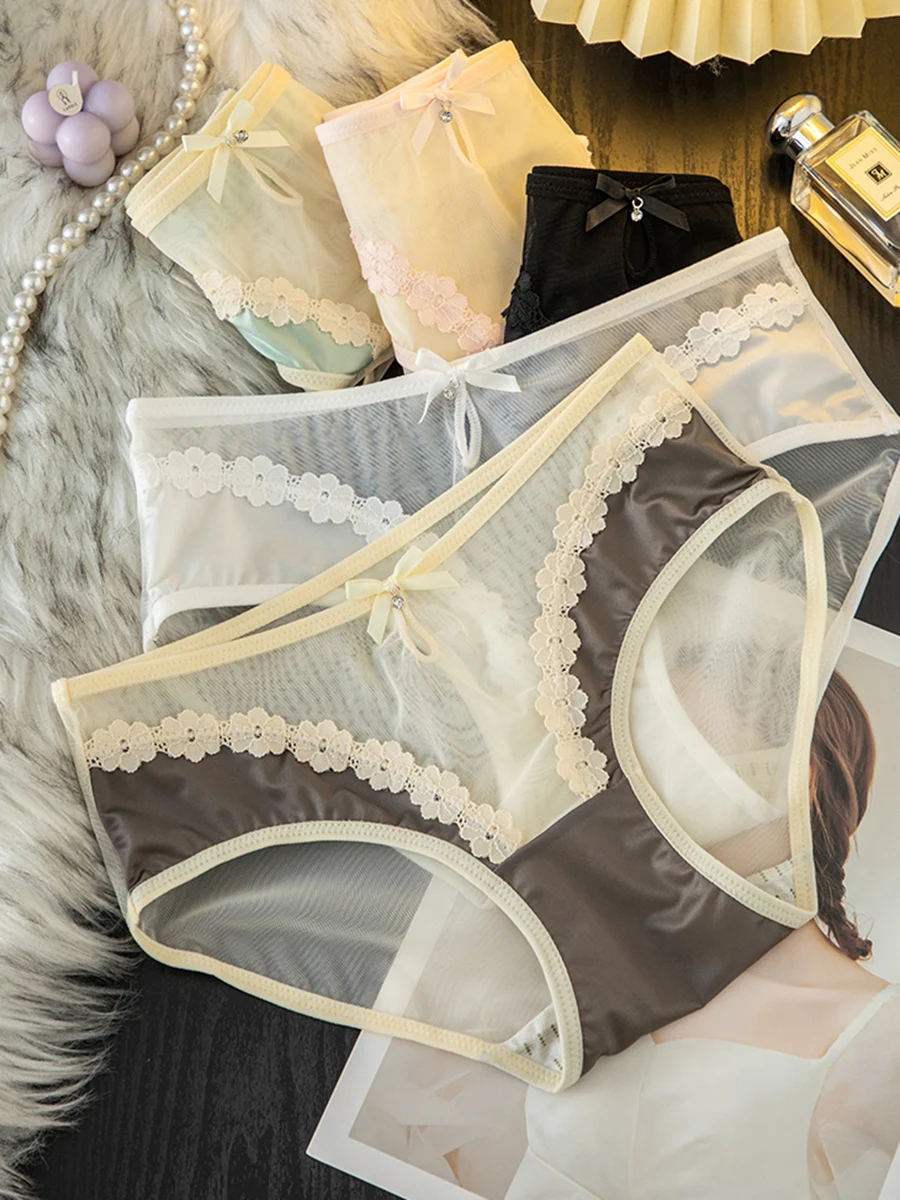 Pure Desire Wind Sexy Lace Satin Underwear For Girls Hollow Flower Embroidered Mid Waist Women's Mesh Transparent Triangle Pants