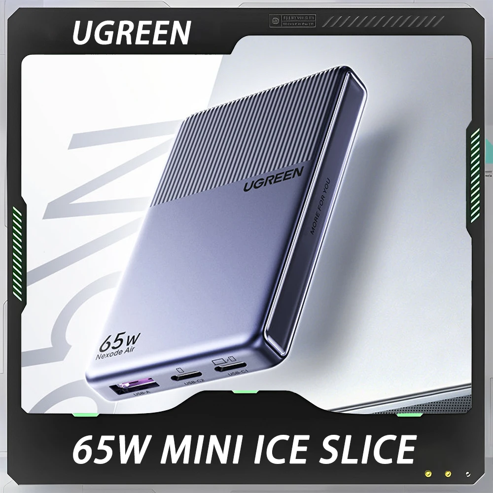 Cargador UGREEN Mini Ice Slice GaN de 65W, Enfriamiento a Baja Temperatura, Portátil, Ultra Delgado, Carga Rápida PD USB-C, Regalo Personalizado