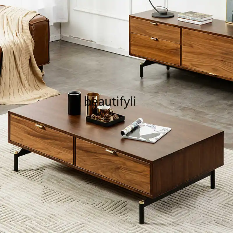 

North America Black Walnut Wooden Tea Table Solid Wood Storage Rectangular Sofa Table Home Furniture Tea Table