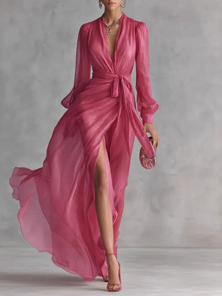 Elegante diep V-hals holle feestjurken dames nieuwe lente wikkeljurk met strik in de taille hoge split lange jurk femme effen lange mouw maxi jurk - afbeelding 2
