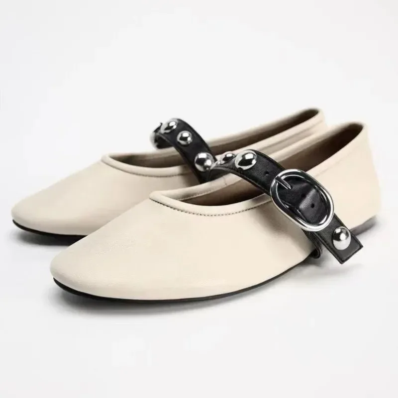 

Designer Rivet Buckle Ballet Flats Women Fashion Leather Round Toe Mary Jane Shoes Light Comfortable Soft Sole Flat Shoes Women
