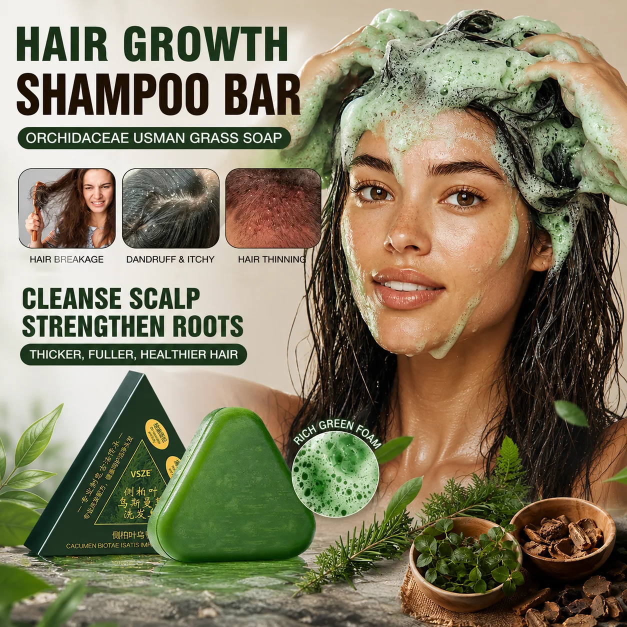 Champú en Barra Usma Grass Platycladus para el Crecimiento del Cabello, Champú Herbal, Jabón para el Cuidado del Cuero Cabelludo, Tratamiento para Engrosar el Cabello, Cuidado Capilar para Mujeres y Hombres