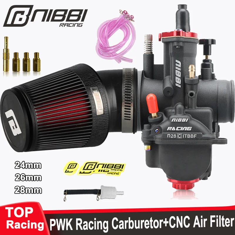

NIBBI Motorcycle PWK Racing Carburetor PWK 24/26/28mm Power Jets Carb With 48mm High Flow Bend CNC Air Filter Kit Fit KTM Yamaha