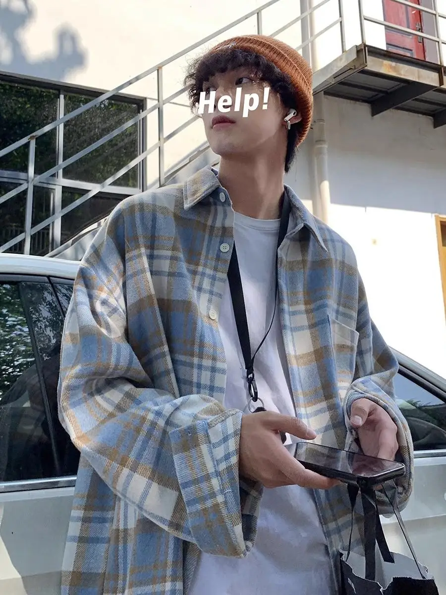 Spring New Style Men's Casual Loose Long Sleeve Woolen Plaid Shirt Trendy Outerwear Coat Youth Popular Polyester Fabric