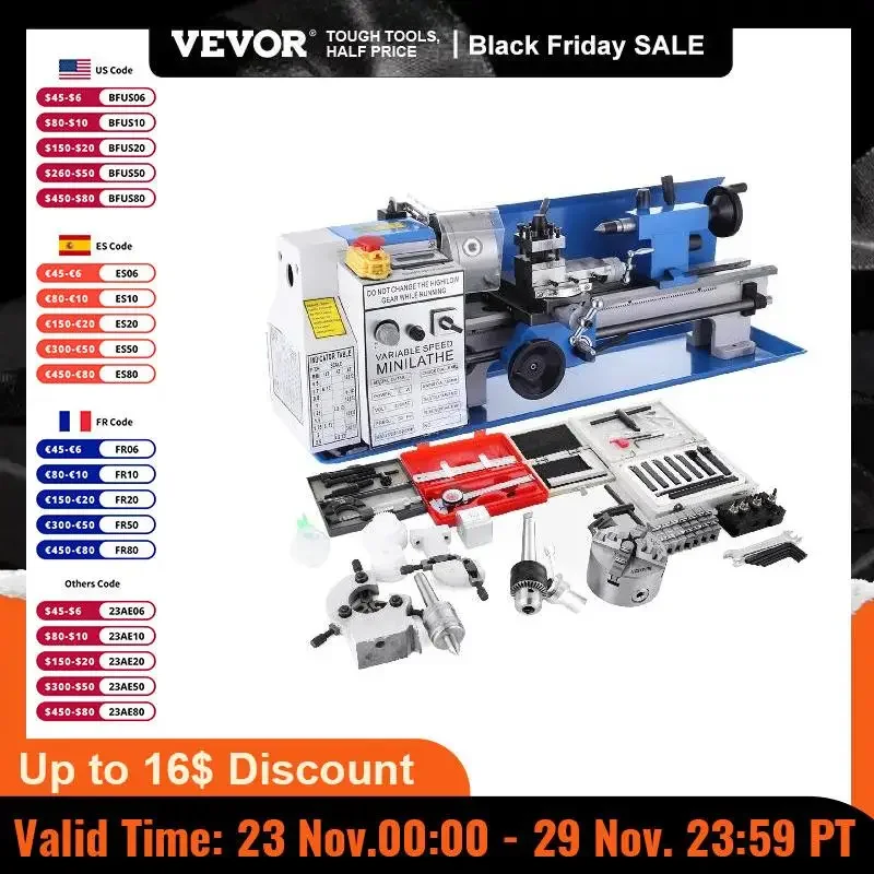 

VEVOR Mini Metal Lathe 550W 180 x 350mm CJ18A Variable Speed Digital Display Screen & Metal Gear for Turning Drilling Threading