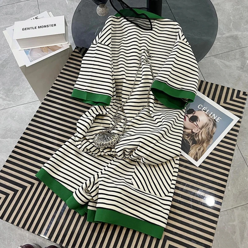 بدلة رياضية للربيع والصيف، قميص بولو مخطط فضفاض، بأكمام قصيرة، تي شيرت شورت كاجوال، طقم مكون من قطعتين